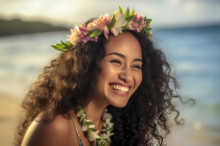 Portrait of a beautiful african american woman wearing flower wreath on the beachの素材