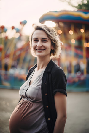 Beautiful pregnant woman in the amusement park. Pregnancy, motherhood and people concept.の素材