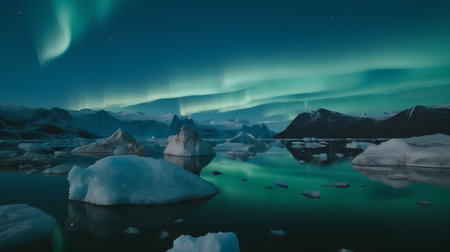 Aurora borealis over icebergs in Jokulsarlon, Icelandの素材