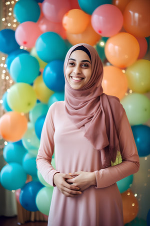 Portrait of young muslim woman with colorful balloons on background.の素材