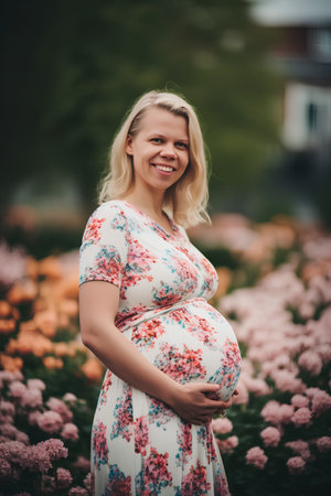 Beautiful pregnant woman in a floral dress on a background of flowersの素材