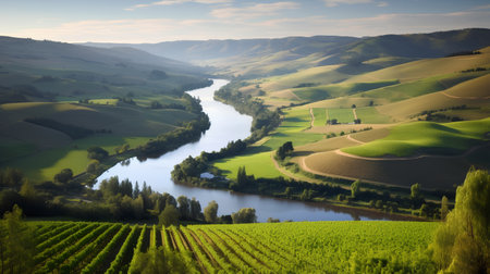 Tuscany landscape with river and hills at sunset, Italy.の素材