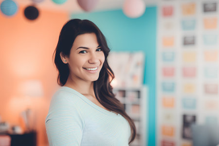 Portrait of beautiful young woman looking at camera and smiling while standing in officeの素材