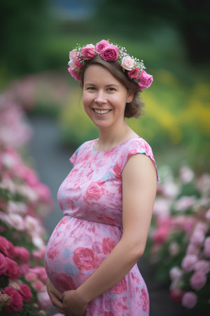 Portrait of a beautiful pregnant woman with flowers in her hair in the parkの素材