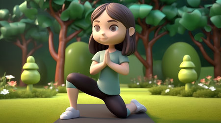 Girl doing yoga in the garden with green trees and plants - 3d renderの素材