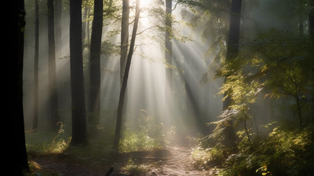 Morning in the forest with sunbeams through the branches of treesの素材