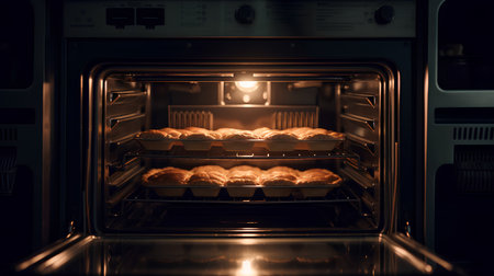 Baking croissants in the oven. Bakery concept.の素材