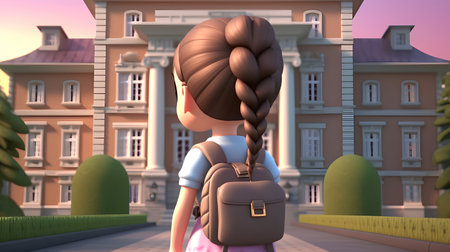 3d render of a schoolgirl with a backpack on her backの素材