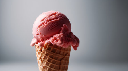 Strawberry ice cream in waffle cone on grey background.の素材
