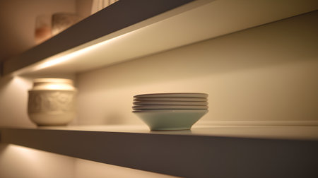 Ceramic bowl on the shelf in the room. 3d renderingの素材
