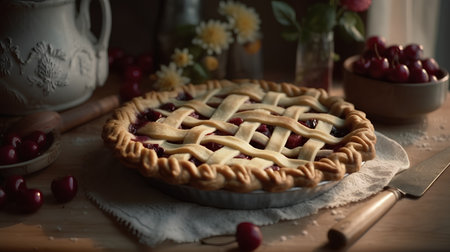 Cherry pie with cherries on a wooden table, selective focusの素材