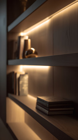 Bookshelf with books in dark room, interior design concept.の素材