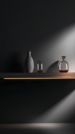 3d render of vases on the shelf in the dark roomの素材