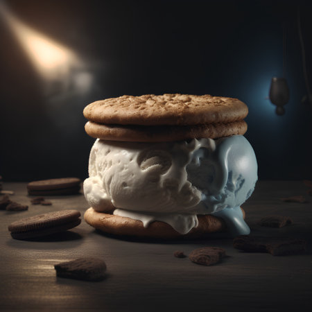 Ice cream in a mug with cookies on a dark background. Toned.の素材