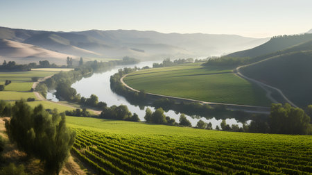 Aerial view of the river and vineyards in the morning.の素材