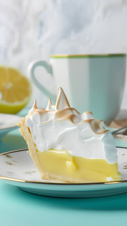 Lemon meringue pie on a plate with a cup of teaの素材
