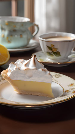 Lemon meringue pie on a plate with cup of coffeeの素材