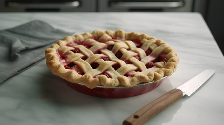 Homemade cherry pie on a white marble table. Selective focus.の素材