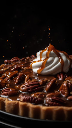 Pecan nut cake with whipped cream and caramel on black backgroundの素材
