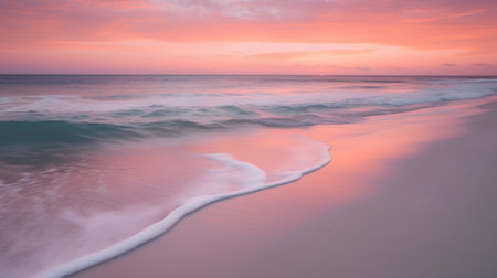 Beautiful sunset on the beach. Seascape with pink sky and cloudsの素材