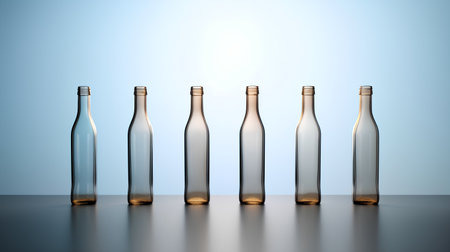 Empty glass bottles on a blue background. 3d render illustration.の素材