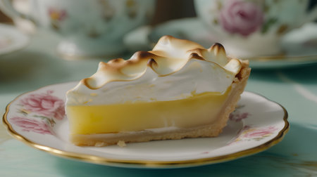 Piece of lemon tart with whipped cream on a vintage plate.の素材