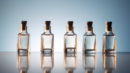 Vodka bottles on a reflective surface. 3d render illustration.の素材
