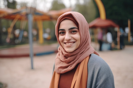 Portrait of a young muslim woman with hijab smiling at the cameraの素材