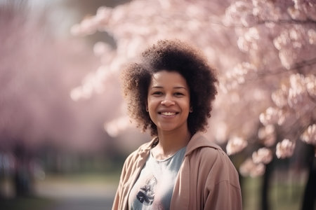 Beautiful african american girl in the park with cherry blossomsの素材