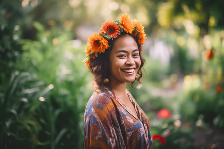 Beautiful african american woman with flower wreath in the gardenの素材