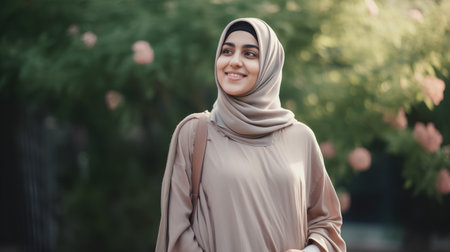 Portrait of beautiful muslim woman in hijab smiling and looking at cameraの素材