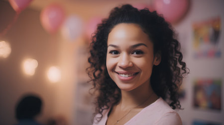 Portrait of beautiful young woman smiling and looking at camera in cafeの素材