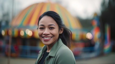 Portrait of a young woman smiling and looking at the camera in the amusement parkの素材