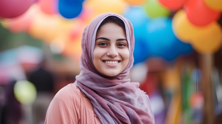 Portrait of young muslim woman smiling with colorful balloons in backgroundの素材