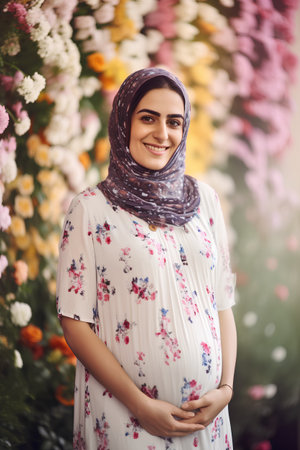 Portrait of a beautiful pregnant woman with flowers in the background.の素材