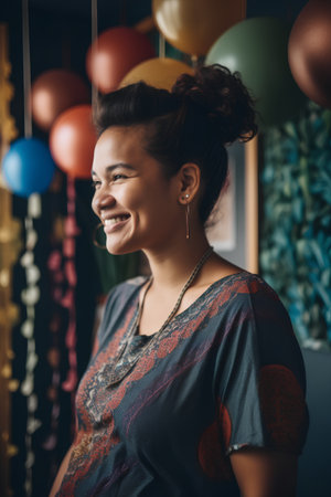 Portrait of a beautiful young asian woman with colorful balloons.の素材