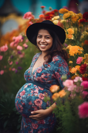 Portrait of beautiful pregnant woman standing in the flower garden with flowersの素材