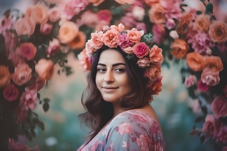 Beautiful young woman in flowers wreath on her head, outdoor shotの素材