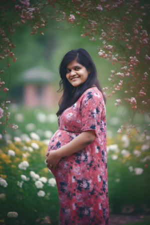 Beautiful asian pregnant woman in a pink dress standing in the blooming gardenの素材