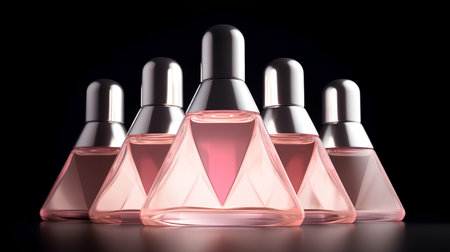 Group of pink nail polish bottles on black background. 3D renderingの素材