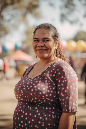 Beautiful overweight Asian woman with curly hair in a public park.の素材