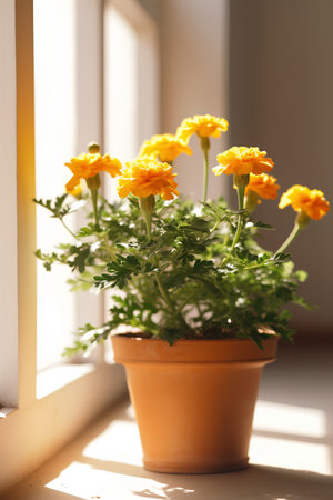 Marigold flowers in a pot on the windowsill, sunlightの素材