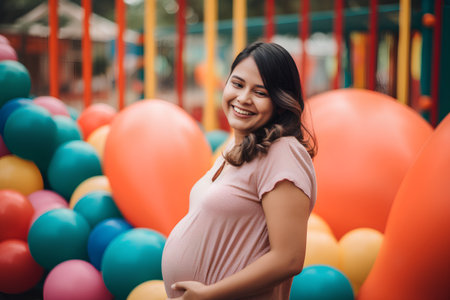Beautiful asian pregnant woman with colorful balloons in the park.の素材