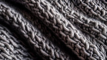 Gray knitted fabric background. Closeup of a woolen texture.の素材