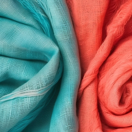 Close-up of multi-colored fabric in different shades of scarvesの素材