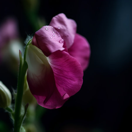 Beautiful pink pea flower on a black background with water dropsの素材