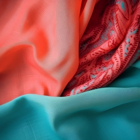 Texture, background, pattern. Silk fabric is red and blue with a pattern of squares.の素材