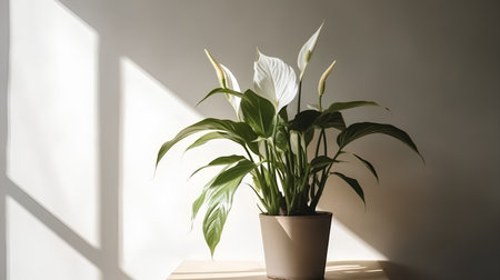 Spathiphyllum in a pot on a light backgroundの素材