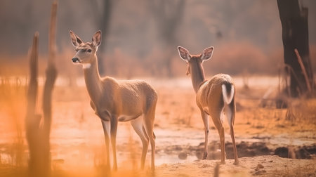 Two whitetail doe looking at camera in early morning lightの素材