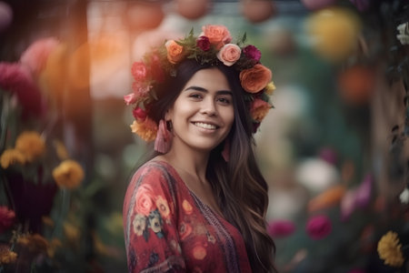 Beautiful asian woman with flower wreath on her head in the gardenの素材